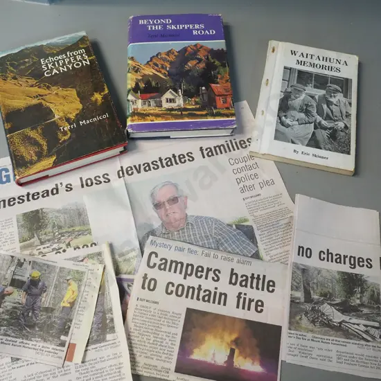 3 New Zealand books - 2 on Skippers Canyon by Terri MacNicol plus clippings, and Waitahuna Memories, 1947, Eri