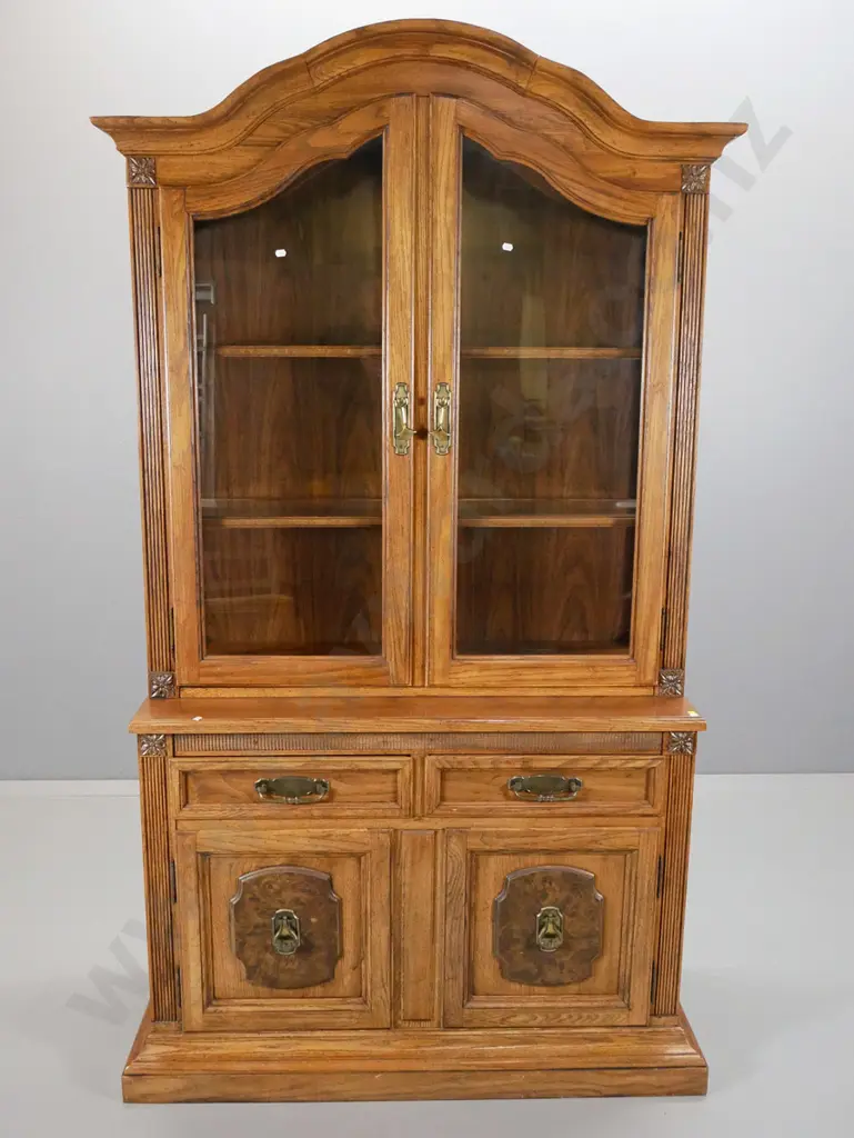 American style elm illuminated display-top cabinet w/ burr veneer panel, 2 solid & 2 glazed doors H1960 W1020 D460 Image 1++