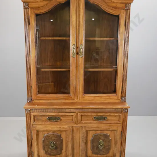 American style elm illuminated display-top cabinet w/ burr veneer panel, 2 solid & 2 glazed doors H1960 W1020 D460