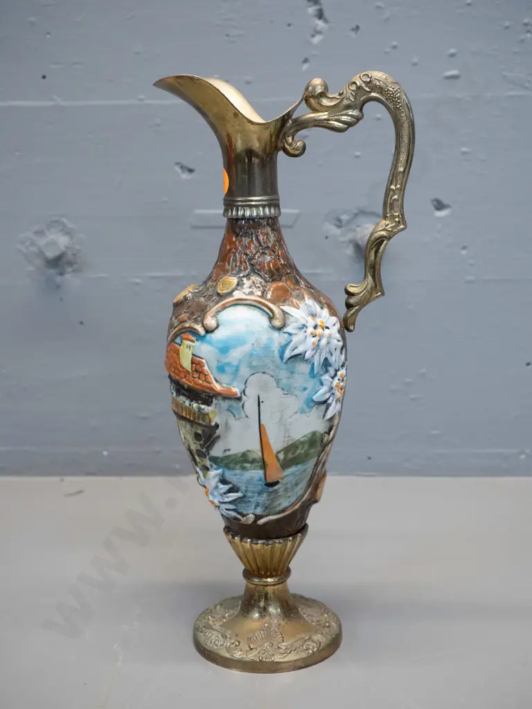 Italian cast brass and hand painted relief pattern porcelain ewer jug H-320 W-150 Image 1++