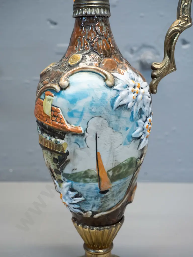 Italian cast brass and hand painted relief pattern porcelain ewer jug H-320 W-150 Image 1++