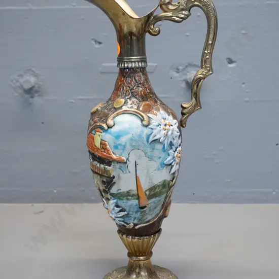 Italian cast brass and hand painted relief pattern porcelain ewer jug H-320 W-150