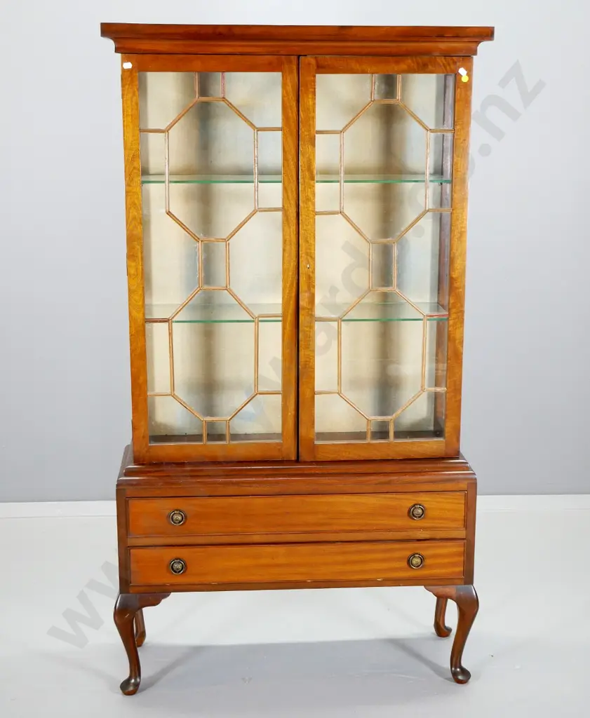 reproduction mahogany display cabinet 2 doors with astragals (some loose) 2 drawers, glass shelves H-1510 W-810 D-260 Image 1++