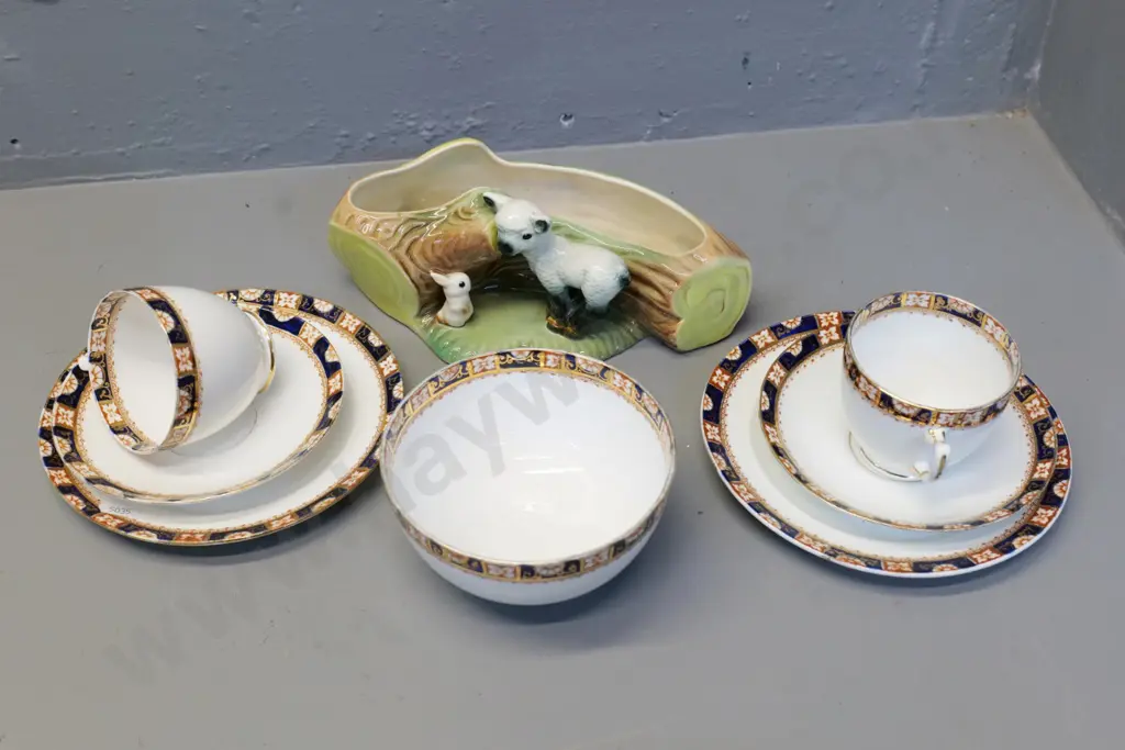 Hornsea lamb & rabbit trough vase L-220, Royal Albert Imari pattern sugar bowl and 2 trios Image 1++