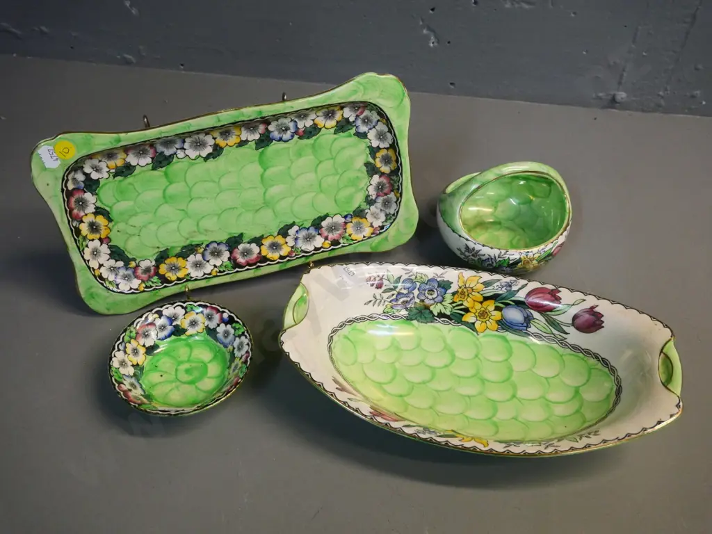 4 pieces Maling green thumbprint floral design china - dish, basket bowl, pin dish, sandwich tray w/chip and staining Image 1++