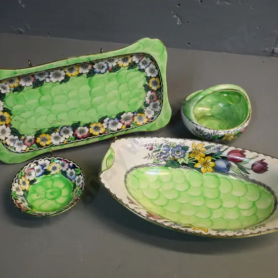 4 pieces Maling green thumbprint floral design china - dish, basket bowl, pin dish, sandwich tray w/chip and staining