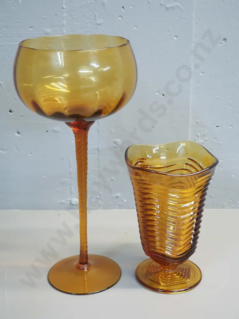 2 pieces of amber glass - large goblet H-360 and a ridged vase Image 1++