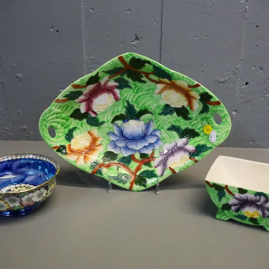 3 pieces Maling china - blue thumbprint bowl and 2 peony pattern dishes, larger is L-280 W-210
