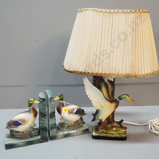 duck themed table lamp H-380and book ends - some damage to glazing