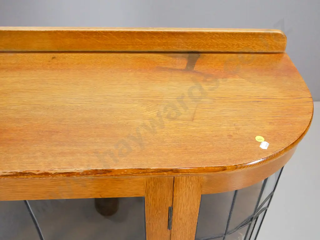 deco oak leadlight single door bow-front china cabinet with 2 shelves, lock w/keys - polish needs work H1080 W1020 D360 Image 1++