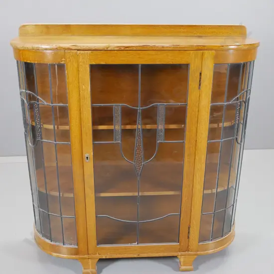 deco oak leadlight single door bow-front china cabinet with 2 shelves, lock w/keys - polish needs work H1080 W1020 D360