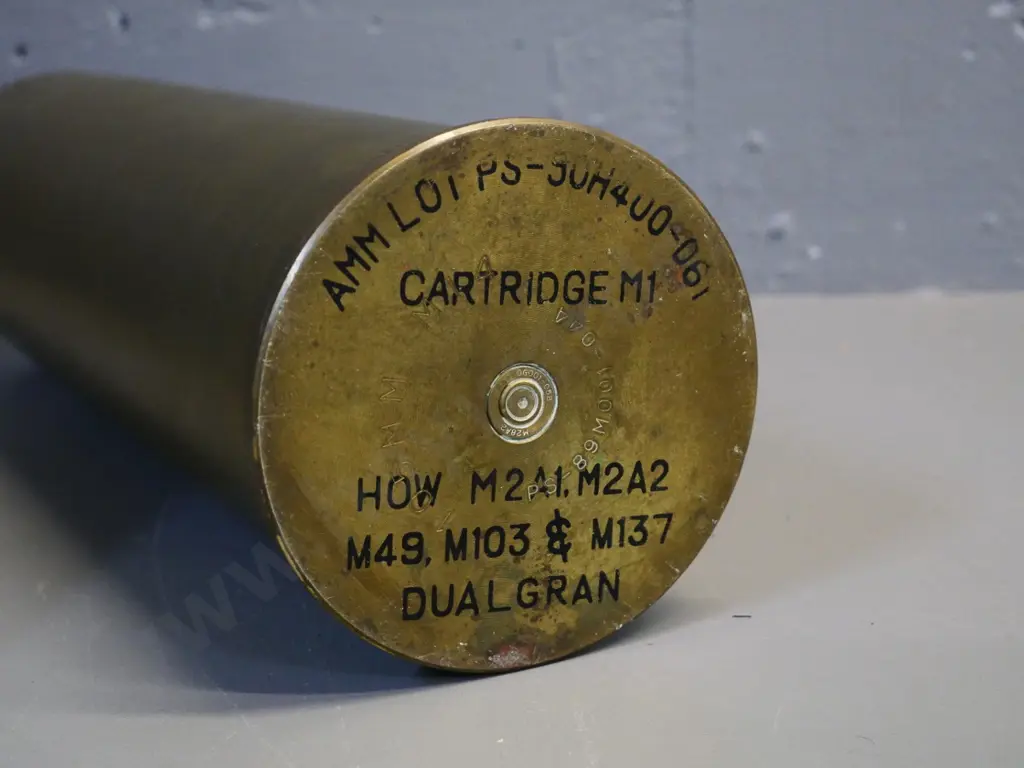 brass artillery shell casing - "cartridge M1" etched on base H-365 D-120 Image 1++