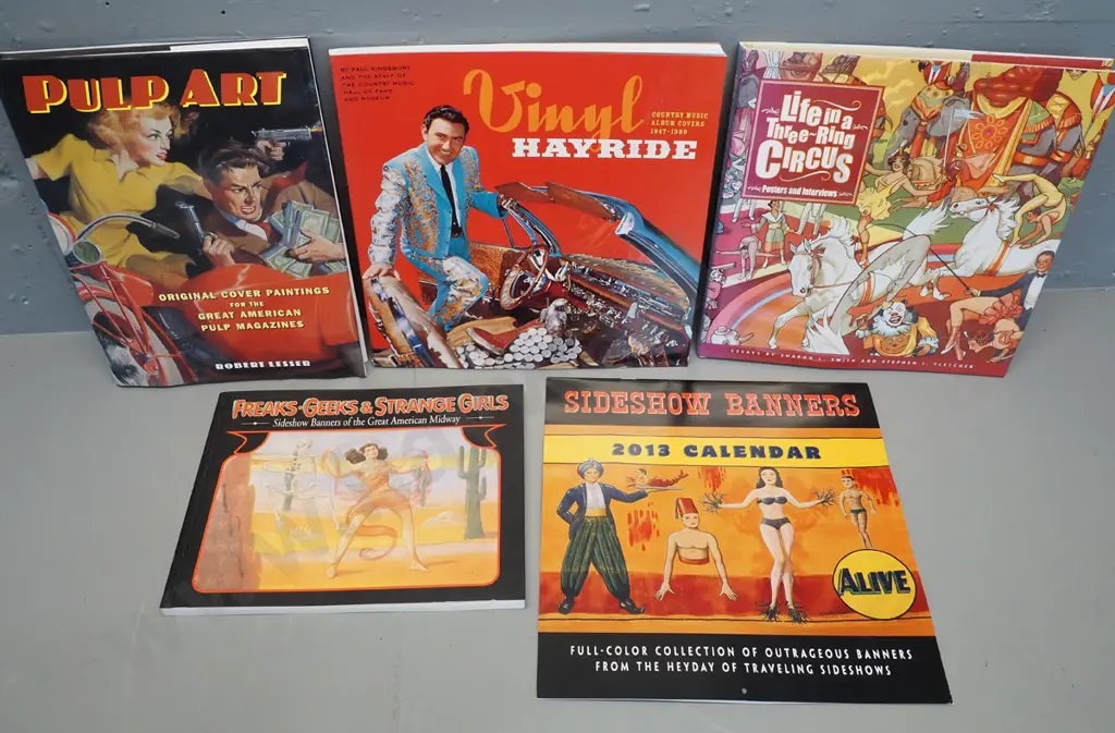 4 books and a pictorial calendar - circus life, sideshow freak posters, pulp fiction & country music album covers Image 1++