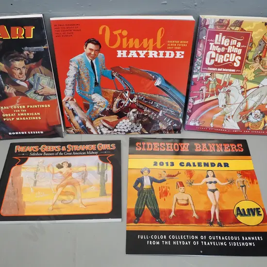 4 books and a pictorial calendar - circus life, sideshow freak posters, pulp fiction & country music album covers