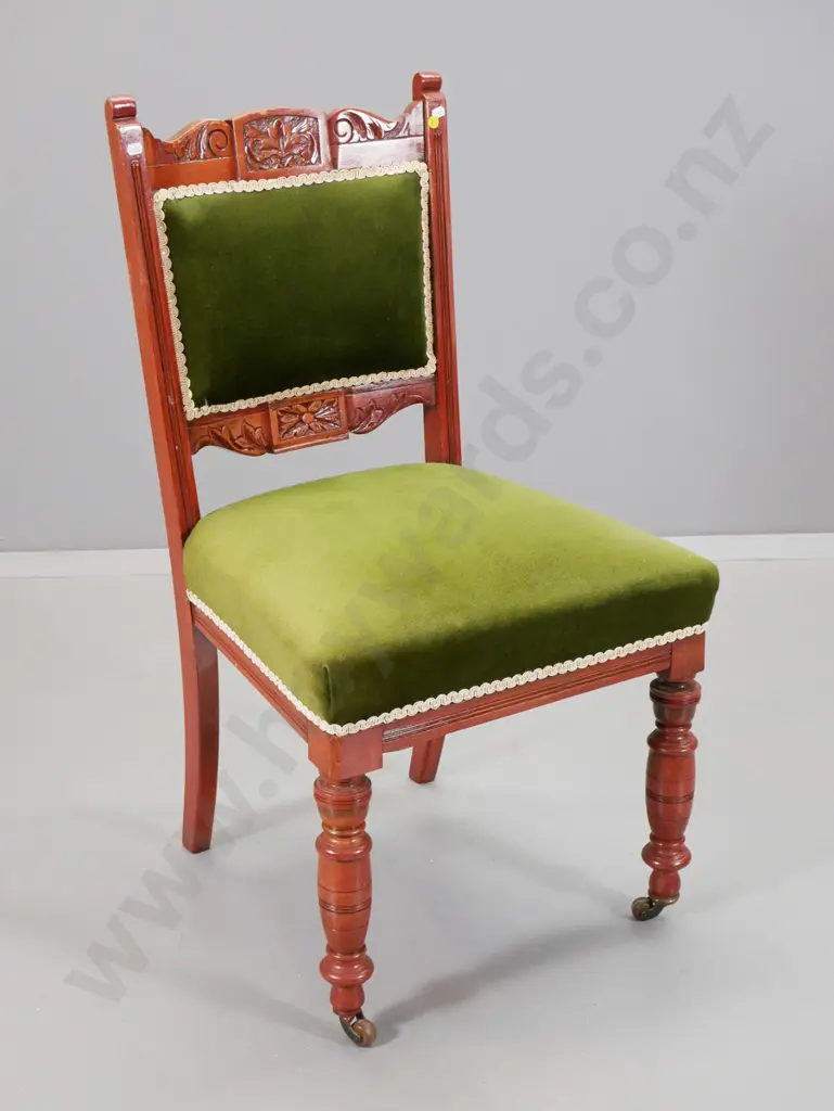 Edwardian timber framed dining chair with carved back, green velvet, original casters - back joints loose H940 W500 D480 Image 1++