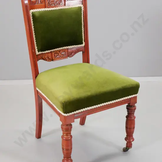 Edwardian timber framed dining chair with carved back, green velvet, original casters - back joints loose H940 W500 D480