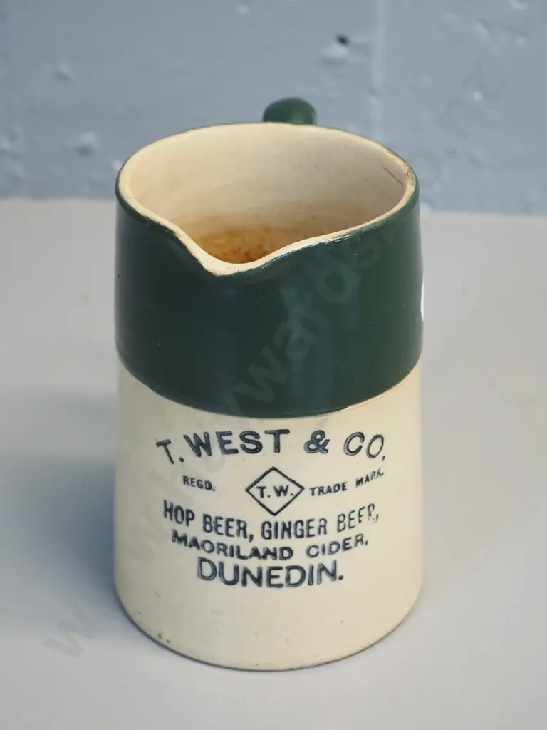T. West & Co Dunedin jug - some staining and a manufacturing fault at rim H-140 Image 1++