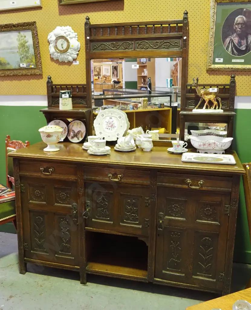 antique large heavily carved mirror-back sideboard: 3 door, 3 drawer, key, 1 leg needs repair H1860 W1500 D500 Image 1++