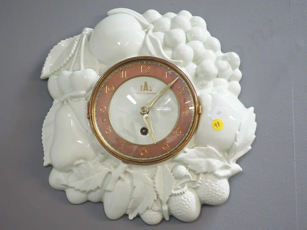 JAS German porcelain wind-up wall clock w/relief fruits & nuts pattern - no key H290 Image 1++