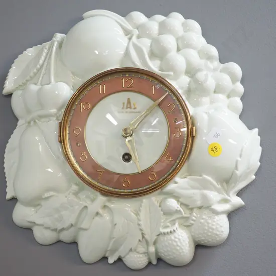 JAS German porcelain wind-up wall clock w/relief fruits & nuts pattern - no key H290