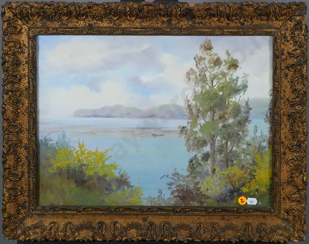 gilt framed oil - coastal and tree scene H-290 W-390 Image 1++