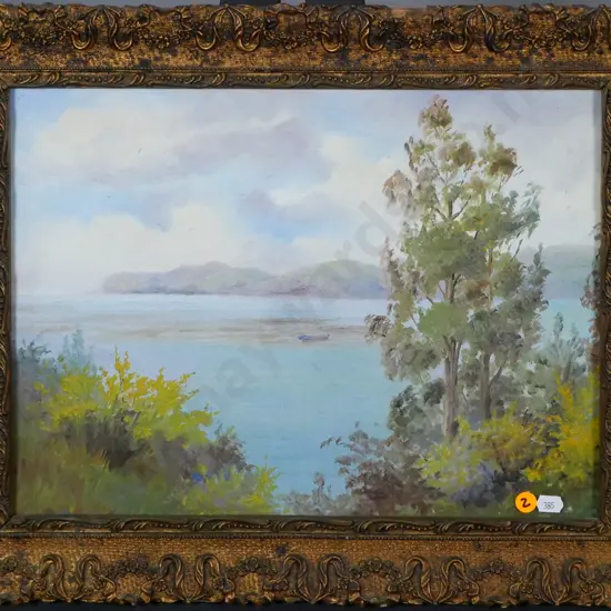 gilt framed oil - coastal and tree scene H-290 W-390