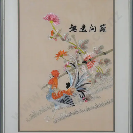 framed Asian needlework on silk - rooster H-470 W-330