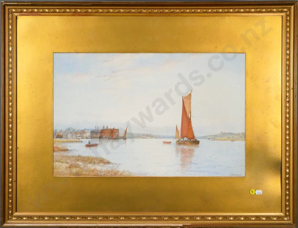 GS Walters - framed watercolour - boat scene (underside of glass needs a clean) H-320 W-490 Image 1++
