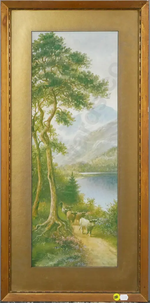 gilt framed vintage print - cattle on path by lake H-500 W-180 Image 1++