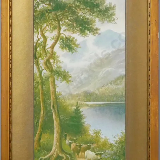 gilt framed vintage print - cattle on path by lake H-500 W-180