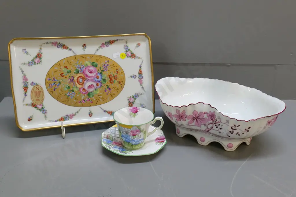 Limoges tray, unmarked vintage bowl with scalloped base, and a Melba ware hydrangea cup & saucer Image 1++