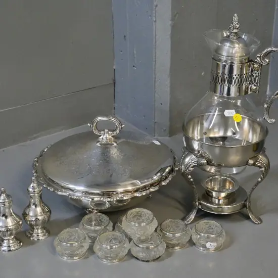 silver plated ware - carafe on warmer stand H360, lidded vege, 8 frosted depression glass napkin rings, salt & pepper