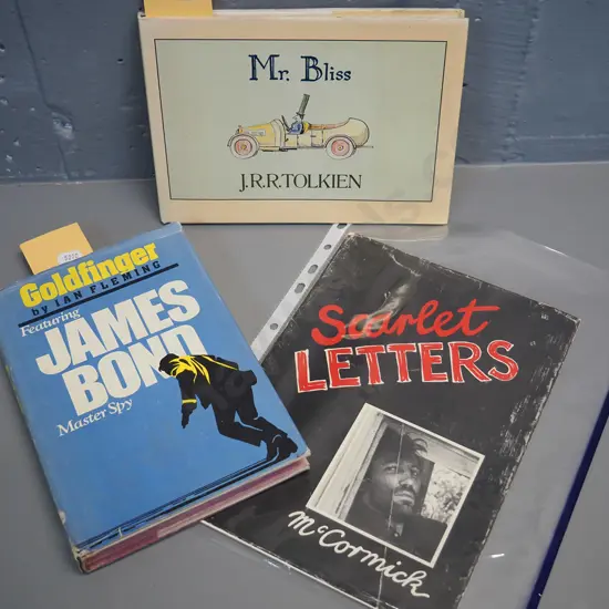 3 books -  signed copy of Scarlet Letters by Gary McCormick, Goldfinger (Book Club Edition) & Tolkien's 1982 Mr. Bliss