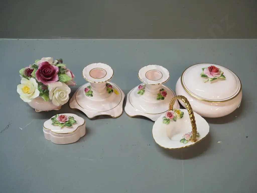 6 Royal Adderley 'Floral' pattern relief pattern items - pair of candlesticks H-70 W100 D100, jewellery pot, etc. Image 1++