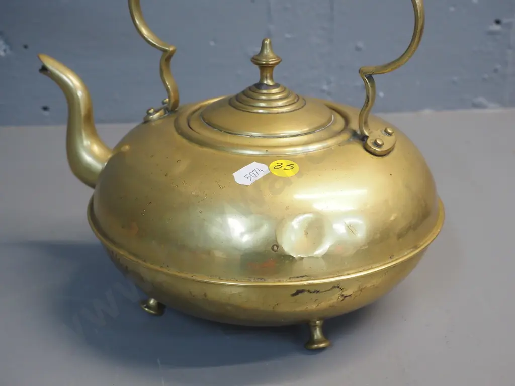 brass teapot with ceramic handles, 4 feet - some dents H-220 L-240 Image 1++