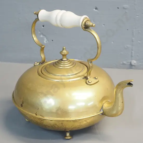 brass teapot with ceramic handles, 4 feet - some dents H-220 L-240