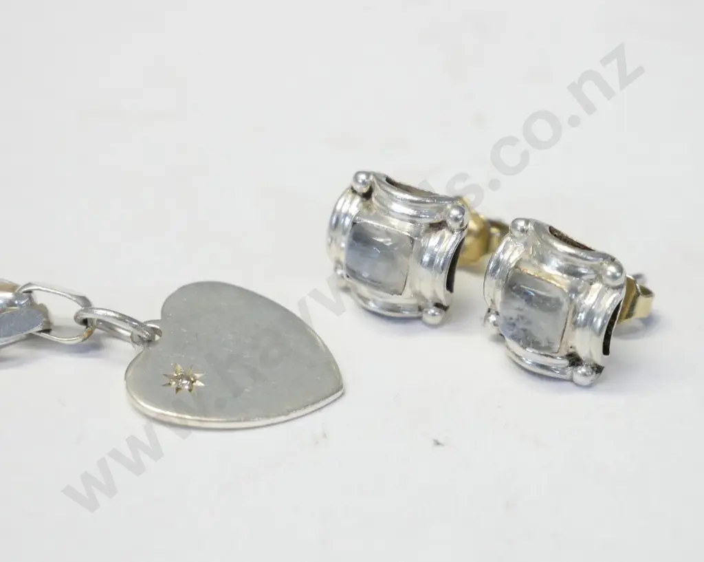 silver bracelet with a heart charm & pair silver earrings all stamped 925 Image 1++