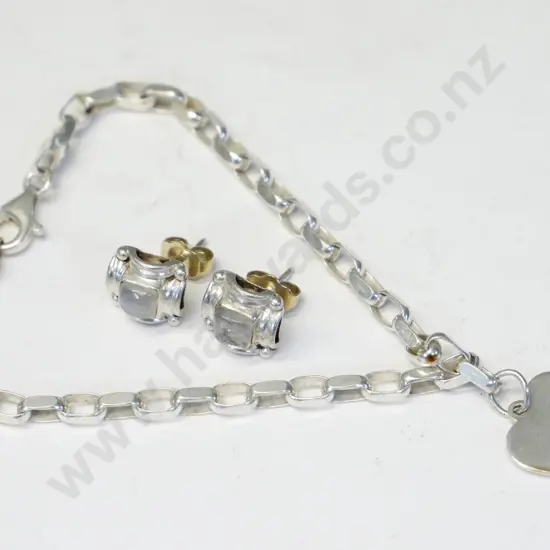 silver bracelet with a heart charm & pair silver earrings all stamped 925