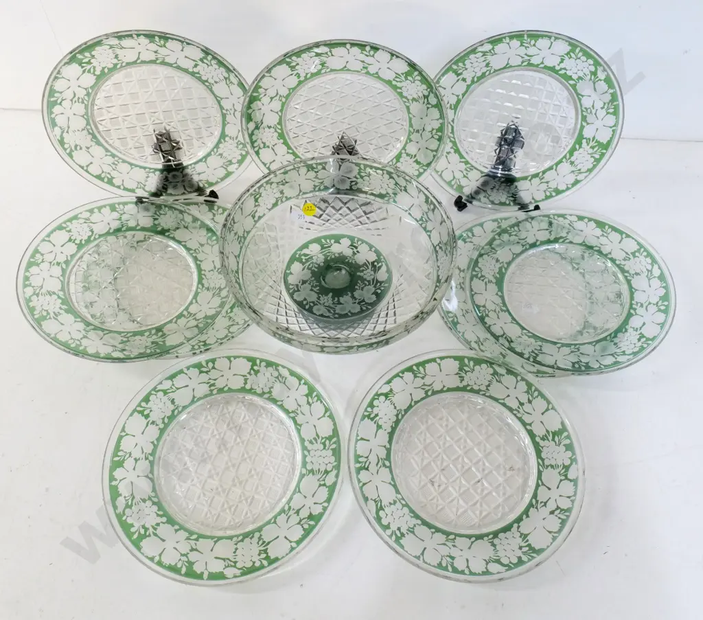 green cut-to-clear glass sweet set - comport bowl with mend and 9 plates, 3 with chips Image 1++