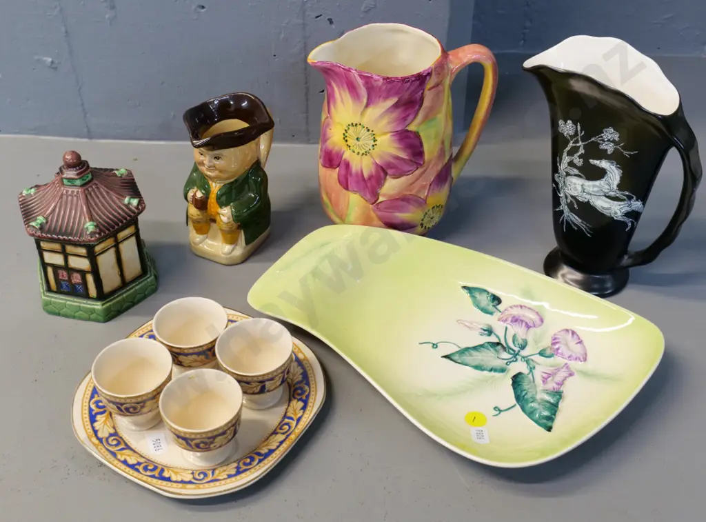 collection of English porcelain including Carlton ware dish, Crown Devon jug H180, Wood & Son toby jug, egg set etc. Image 1++