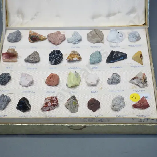 retro boxed set of New Zealand volcanic mineral specimens - some staining to fabric lining