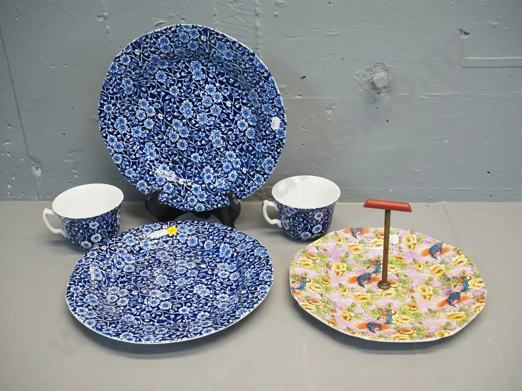 Burleigh Calico items - 2 plates D250 & 2 cups, and a Coronet ware AOF handled cake plate with brass and bakelite handle Image 1++