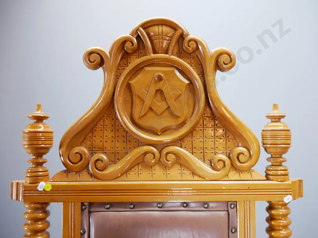 kauri ornately carved faux leather upholstered high back chair with masonic lodge motifs - some wear H1800 W690 D750 Image 1++