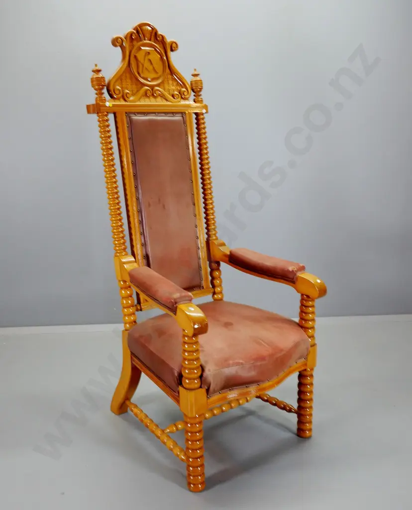 kauri ornately carved faux leather upholstered high back chair with masonic lodge motifs - some wear H1800 W690 D750 Image 1++