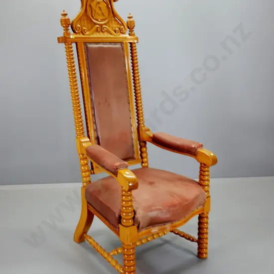 kauri ornately carved faux leather upholstered high back chair with masonic lodge motifs - some wear H1800 W690 D750