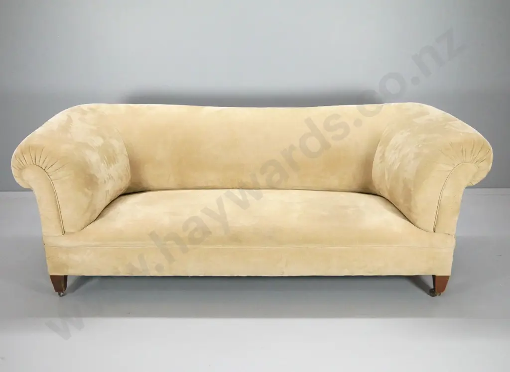 fawn upholstered Edwardian chesterfield 2 seater settee (some cat scratches) H-830 W-2220 D-800 Image 1++