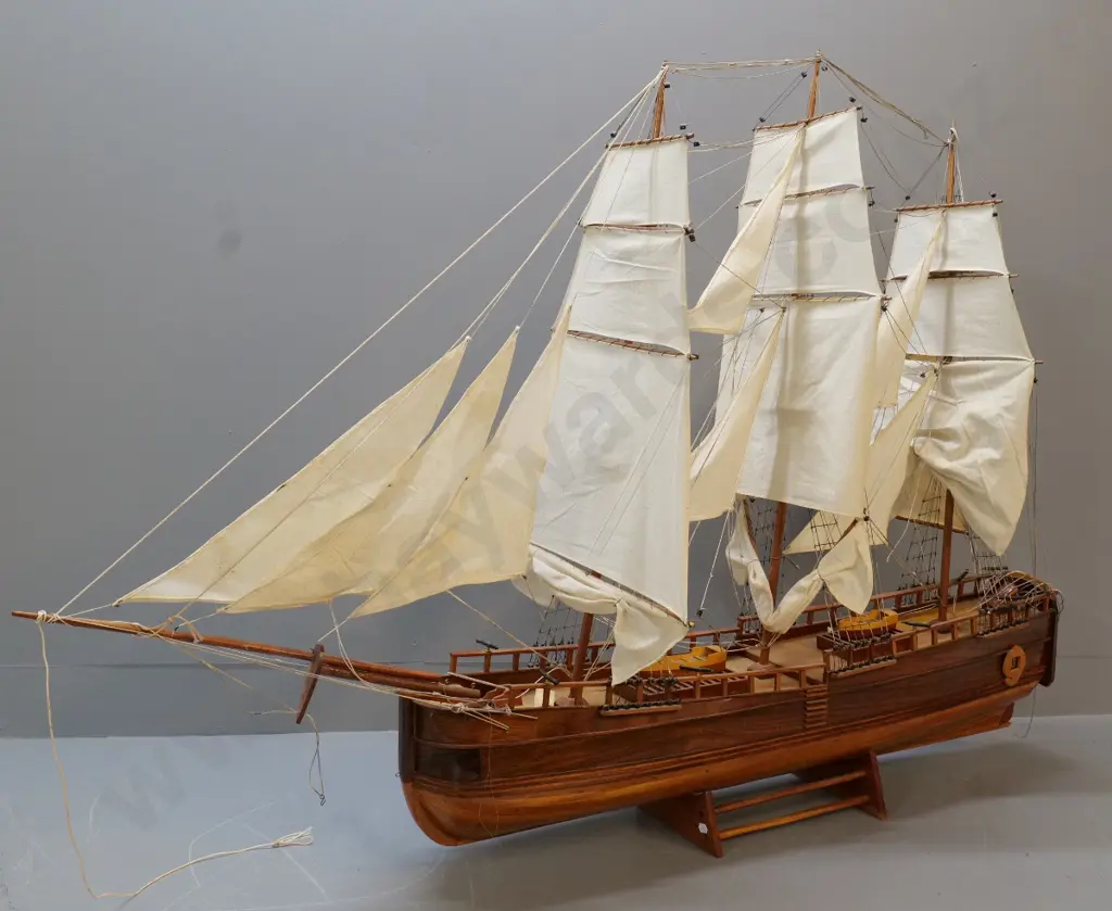 large wooden sailing ship model attached to wooden base, with cloth sails - some rigging needs sorting H980 L1360 Image 1++