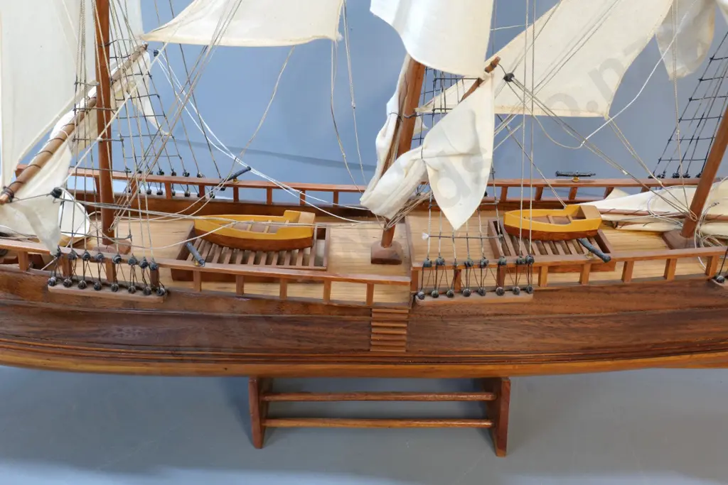 large wooden sailing ship model attached to wooden base, with cloth sails - some rigging needs sorting H980 L1360 Image 1++
