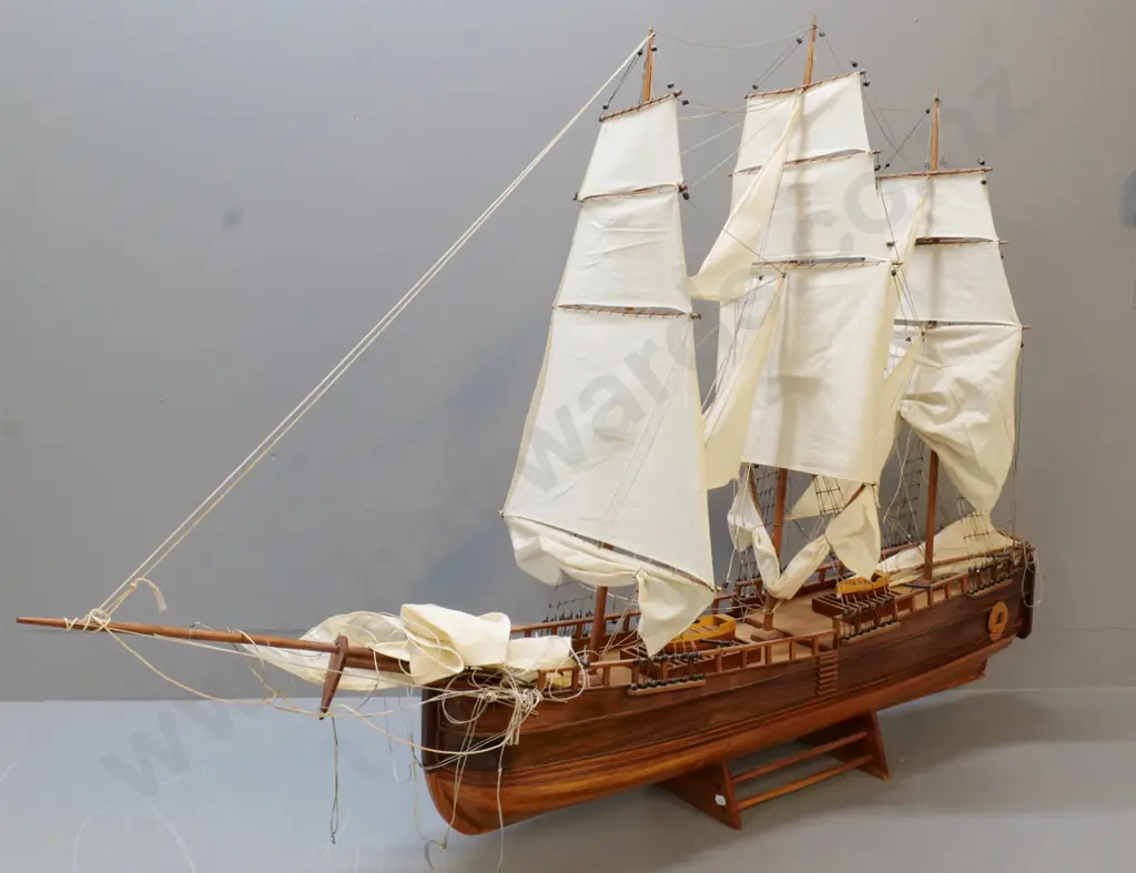 large wooden sailing ship model attached to wooden base, with cloth sails - some rigging needs sorting H980 L1360 Image 1++