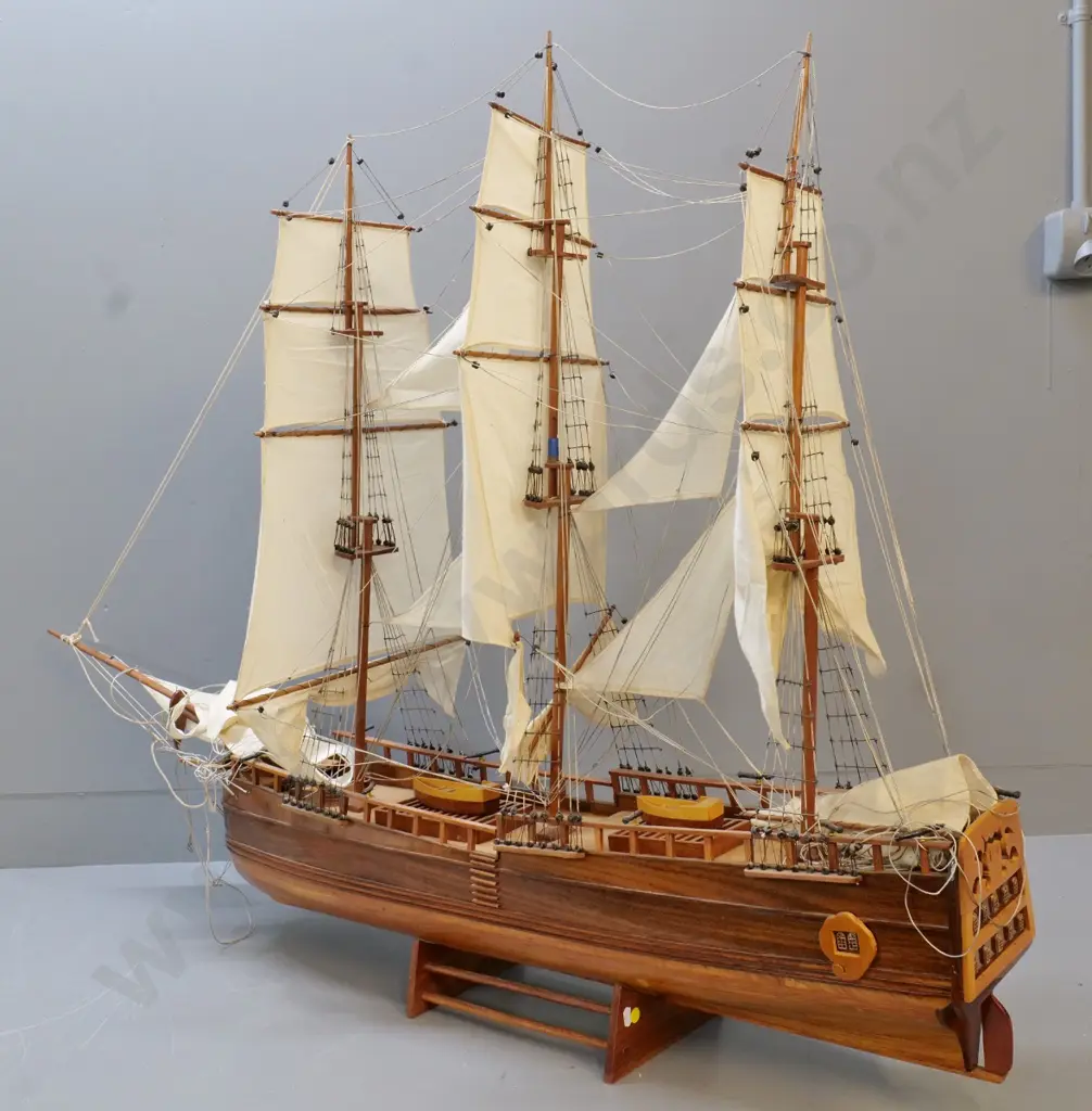 large wooden sailing ship model attached to wooden base, with cloth sails - some rigging needs sorting H980 L1360 Image 1++